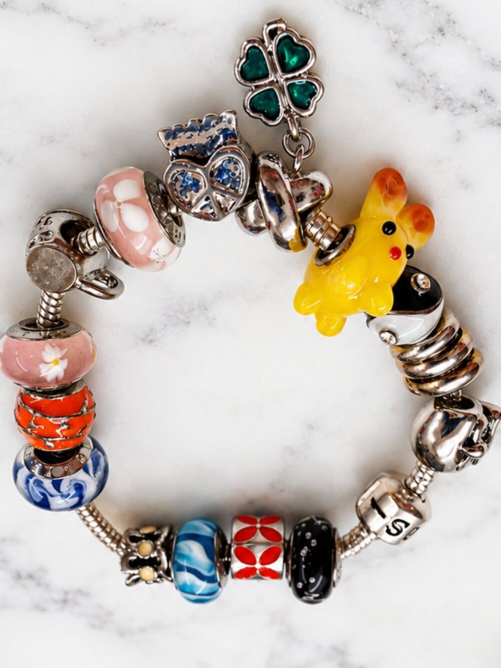 Iris Silver Tone Glass Bead Charm Bracelet Colorful Clover